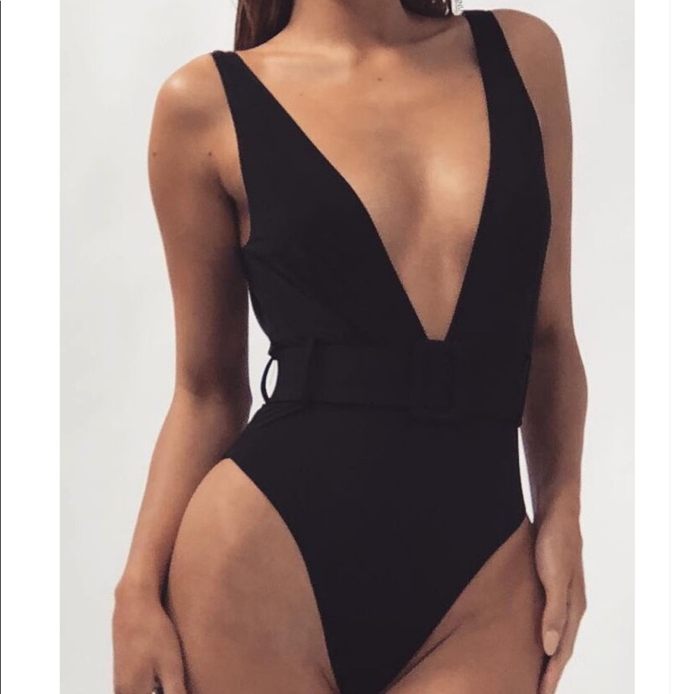 Midnight Black Deep V One Piece Swimsuit - Picture 3 of 5